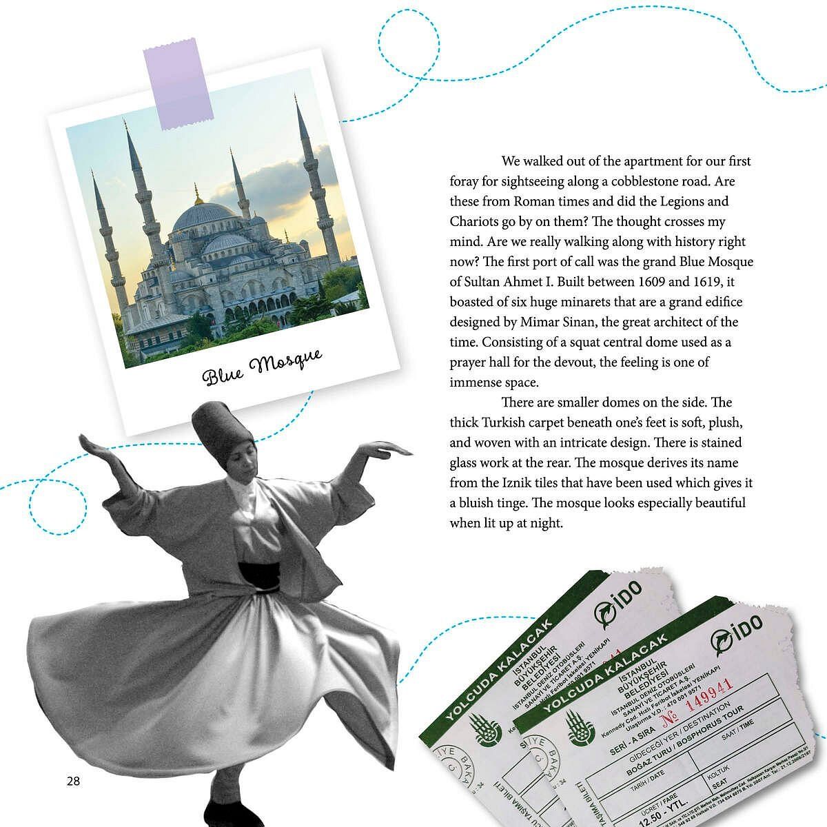 Polaroid of the Blue Mosque, a whirling dervish in motion, ferry tickets, and travel notes about the mosque’s history and interior design.