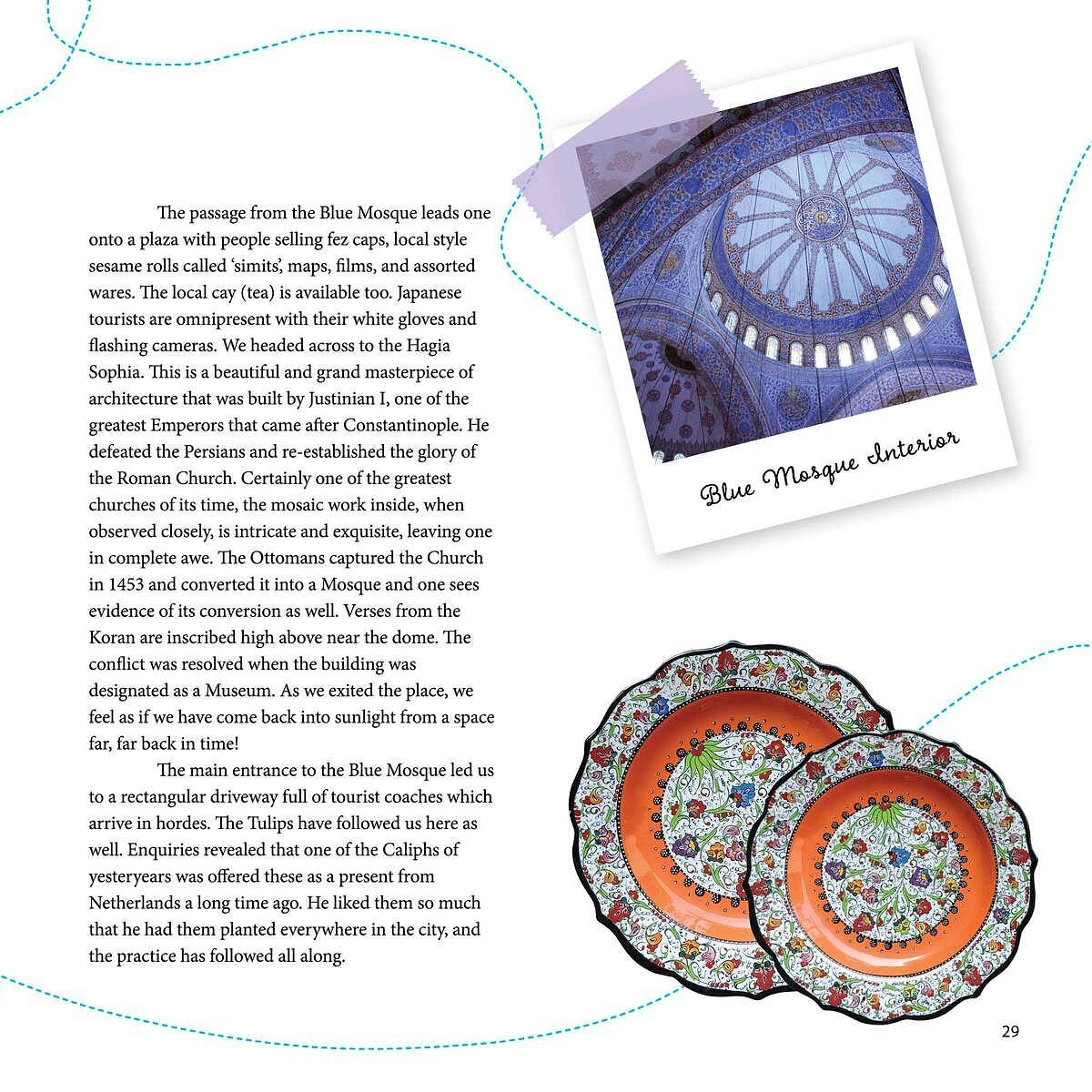 Photographs of a ceiling pattern and traditional Turkish plates on a blue-themed spread, created for Karma Chalets.
