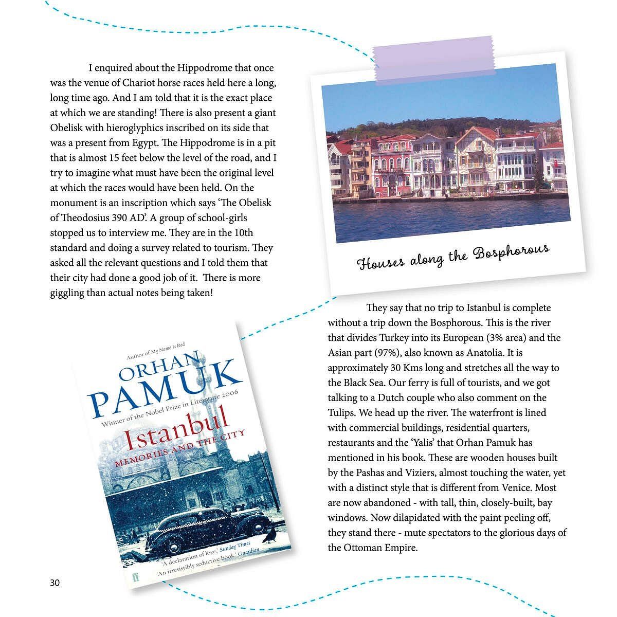 Travel page layout with a photo of a bookstore and a building by the Bosphorus, featured by Karma Chalets.