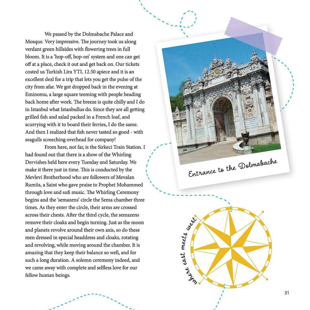 Image of an entrance gate to a landmark building in Istanbul with a compass graphic, part of a feature at Karma Chalets.