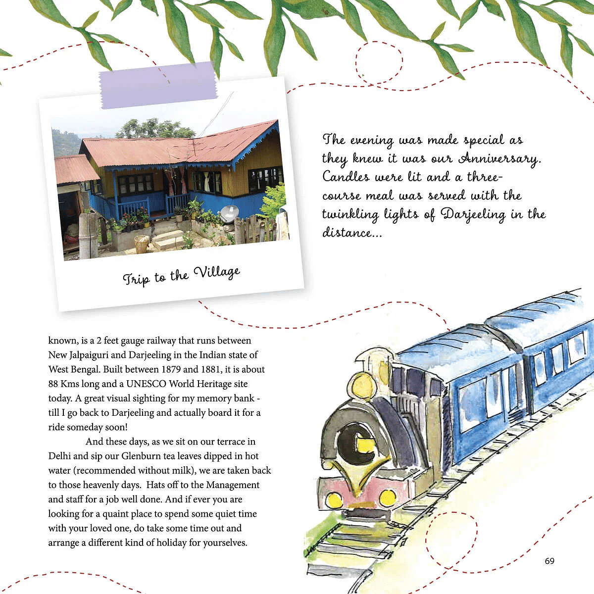 The text describes a scenic train journey and a special anniversary dinner with a drawing of a train and a photo of a colourful house.