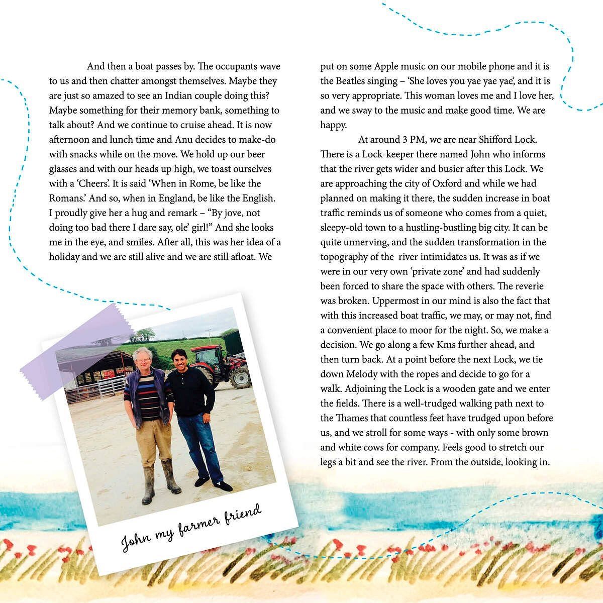 Two person standing in front of a tractor and the article reads about a boat trip in England.