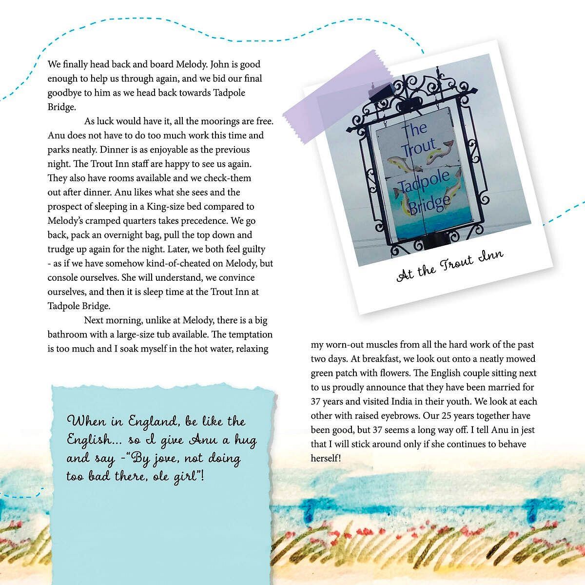 Text excerpt about a trip to England, mentioning Tadpole Bridge, the Trout Inn, and reflections on relationships.