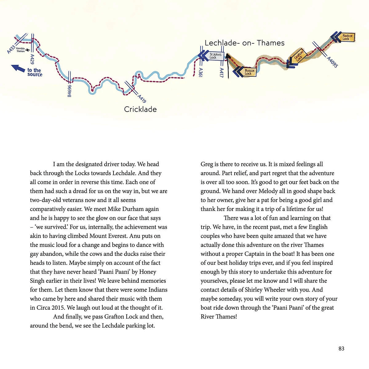 A map of the Thames River from Cricklade to Lechlade, with annotated locks and locations mentioned in the accompanying text.