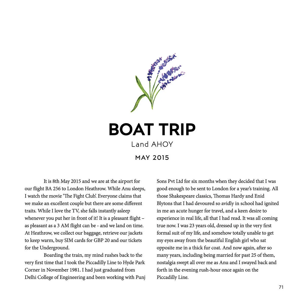 A page from a travel journal describes a boat trip in May 2015, including a flight to London and reflections on a past trip.