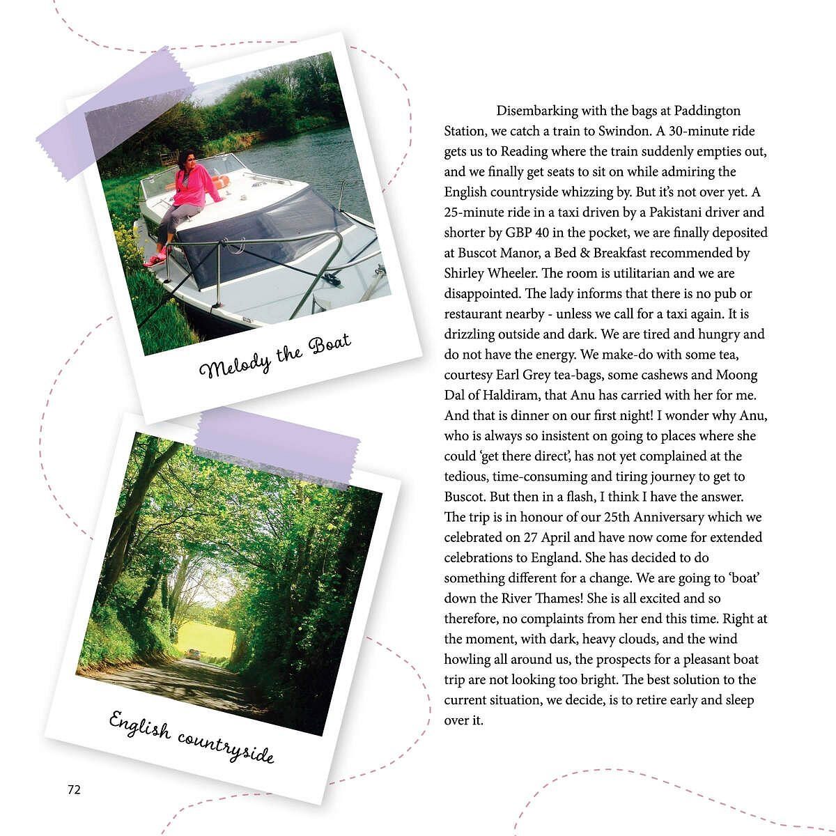 A page from a travelogue about a boat trip in the English countryside. Photos show a canal, a boat, and text describes the journey.