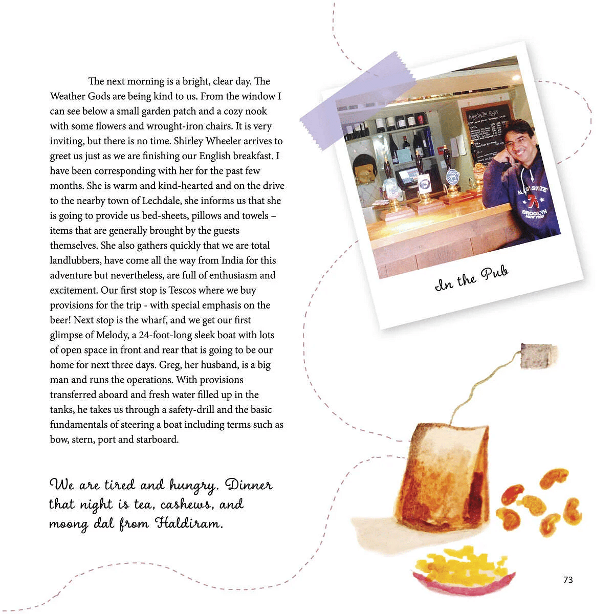 Travelogue describes a boat trip, including provisioning and safety instructions and a photo of a pub.