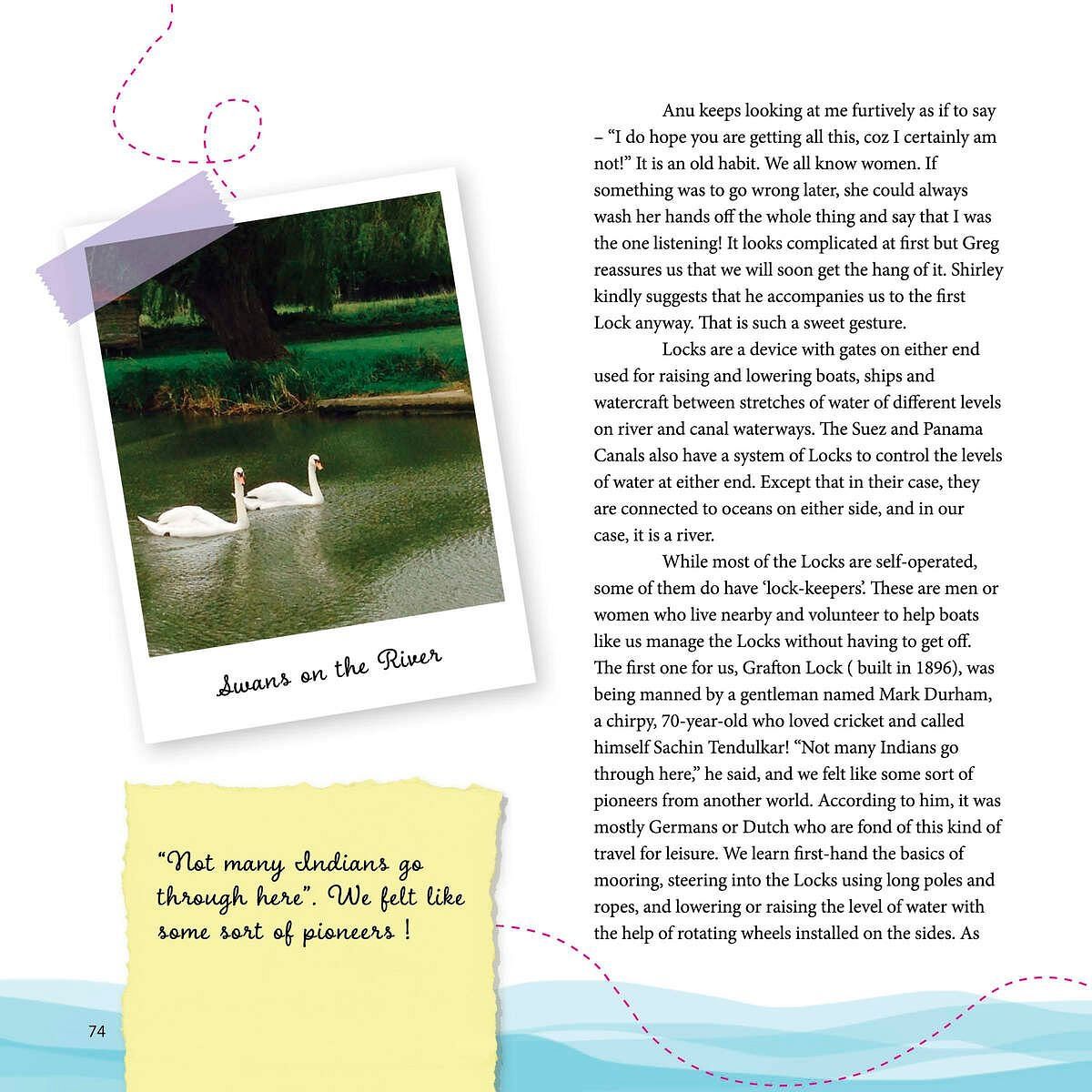 A photo of two swans on a river, accompanied by text about navigating locks on waterways.  