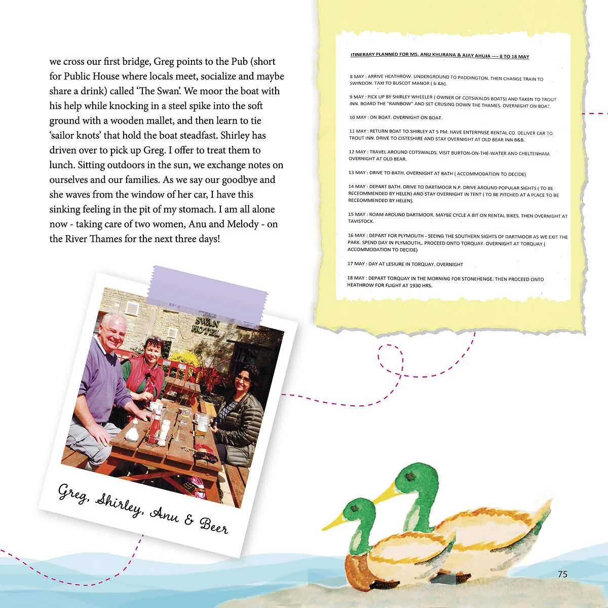 Travelogue with photos documenting a boat trip on the River Thames, including dates, locations, and travel plans.