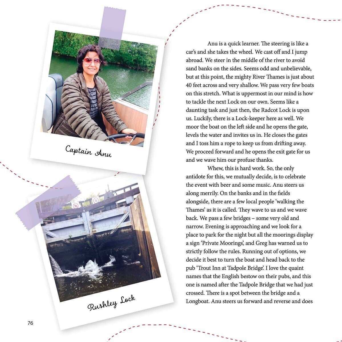 Text and pictures describing a boat trip, including navigating locks and interacting with a lock keeper.