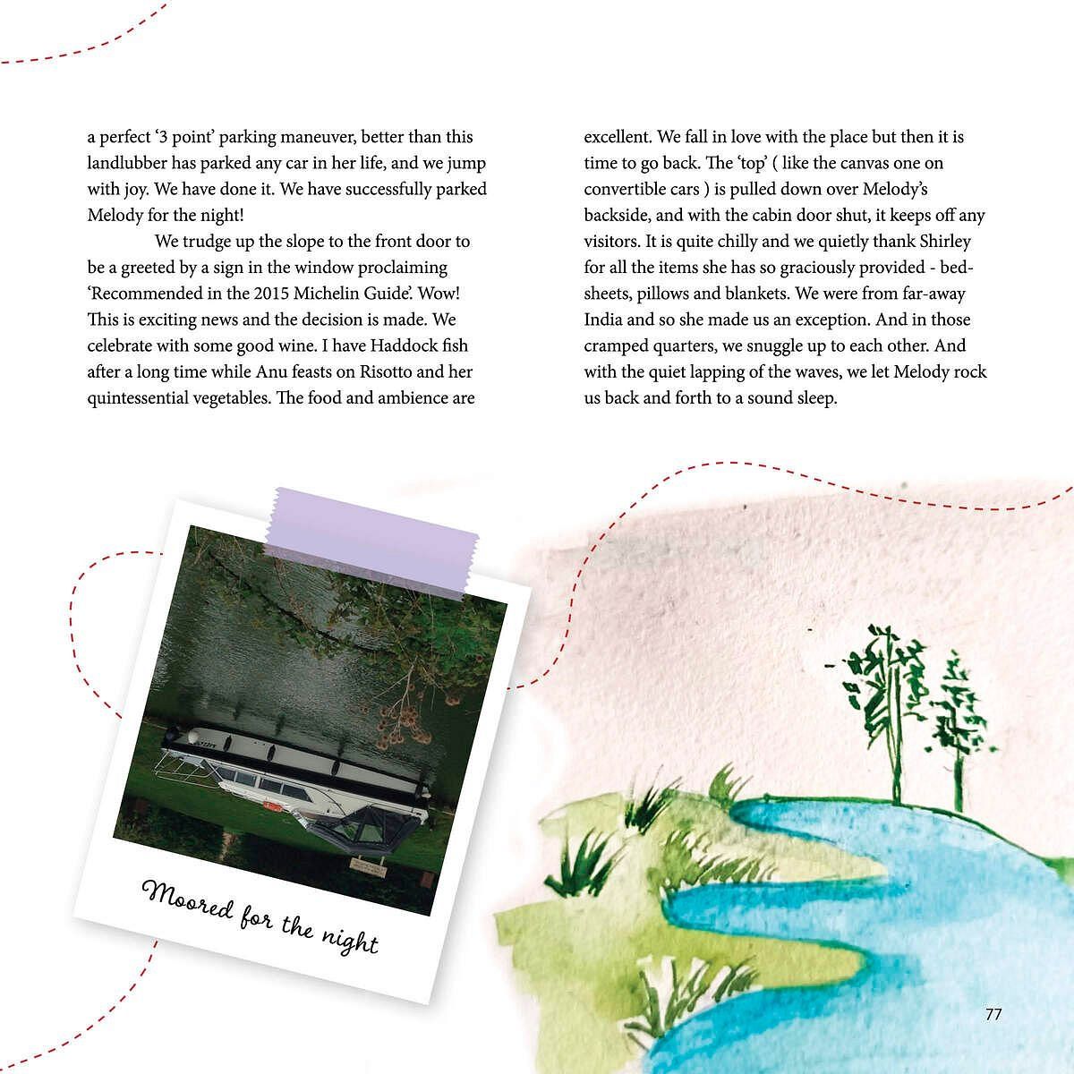 Travelogue excerpt about a boating trip, describing parking the boat, a meal at a restaurant, and settling in for the night.