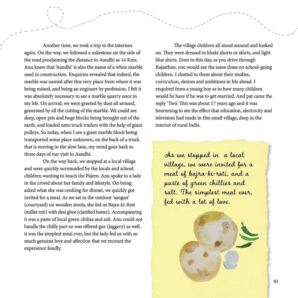 Image shows text describing a trip to rural India, including a visit to a marble quarry and a meal with villagers.