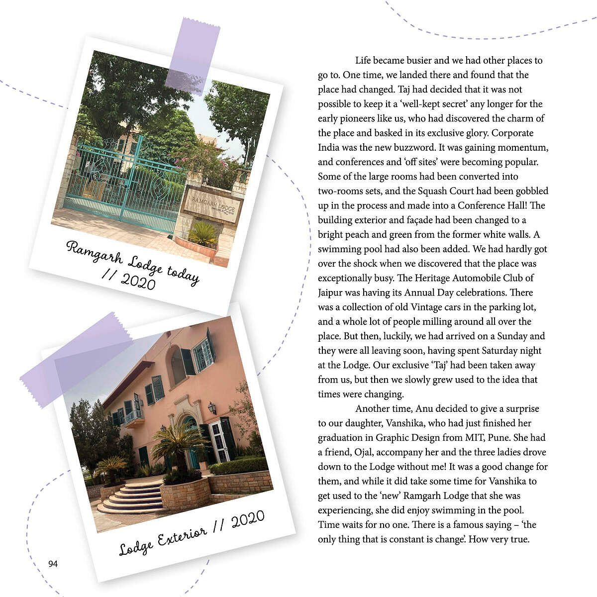 Two photos of Ramgarh Lodge in 2020 show its transformation from a quiet retreat to a bustling conference venue with a pool.