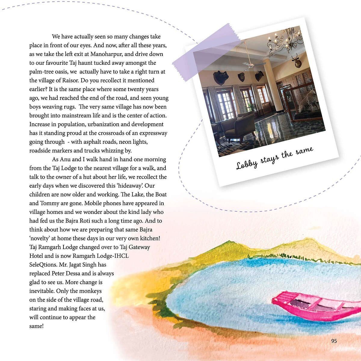 Text describing changes in a village near a hotel over the years, accompanied by a photo of the hotel's lobby.