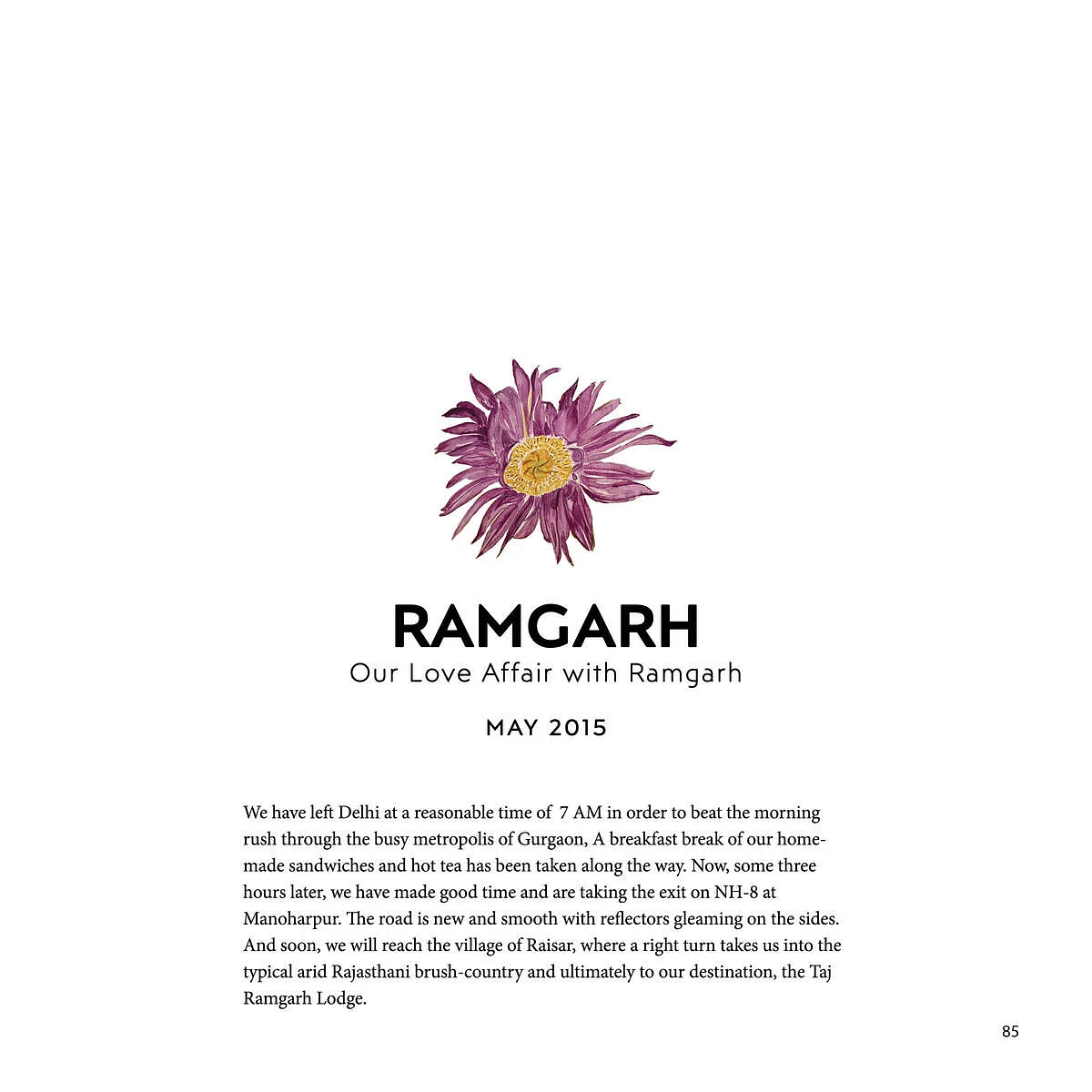 Image shows text describing a journey from Delhi to Ramgarh, highlighting the scenic route and arrival at the Ramgarh Lodge.