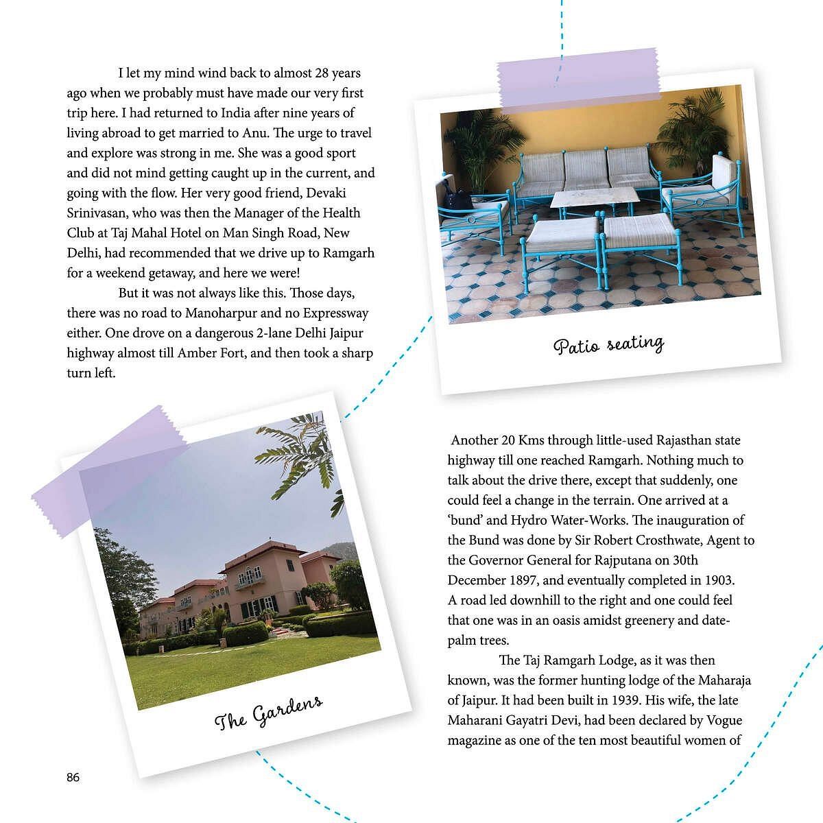 A photo of a building with a caption about a trip to Ramgarh, Rajasthan, India, describing the journey and the lodge's history.