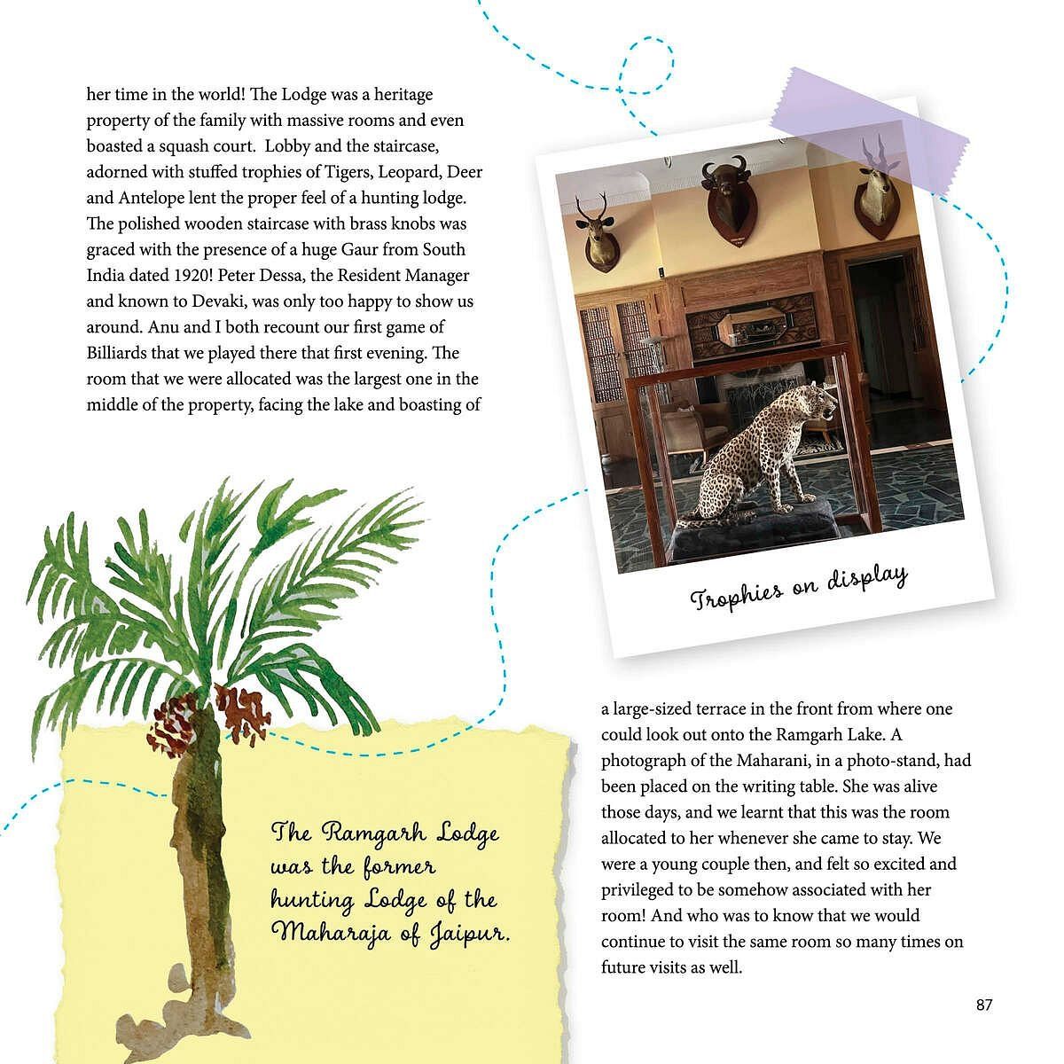 A photo from a book page featuring a mounted leopard and insects on display, likely trophies at the Ramgarh Lodge.