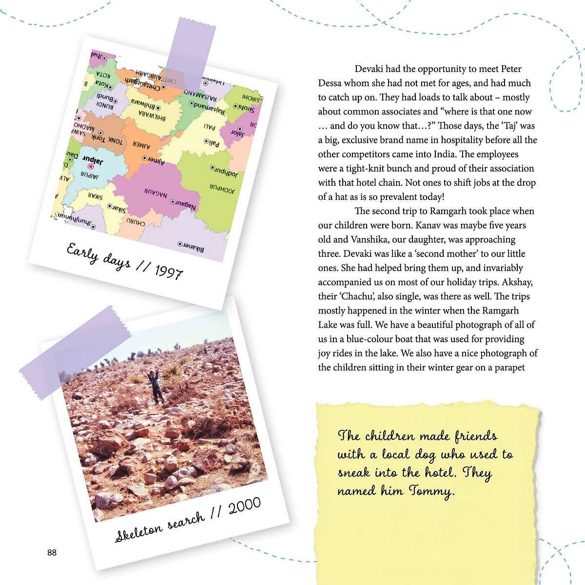 Image shows a page from a book about a family's trips to Ramgarh, India in 1997 and 2000. 