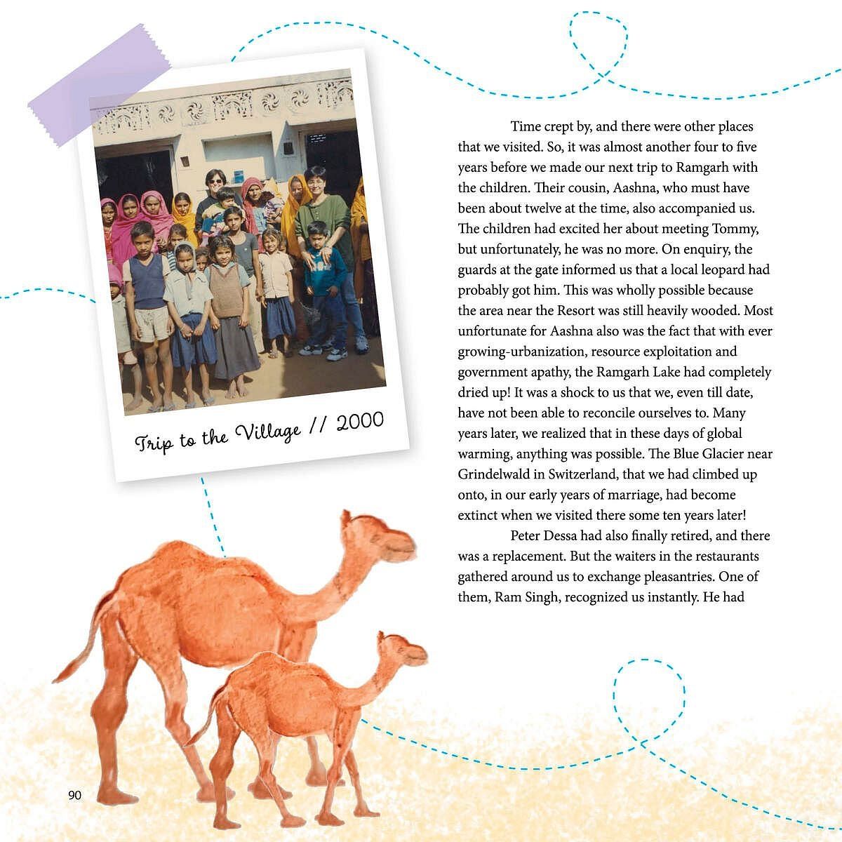 A drawing of two camels and a photo of children describing a village trip, mentioning environmental changes and a missing leopard.