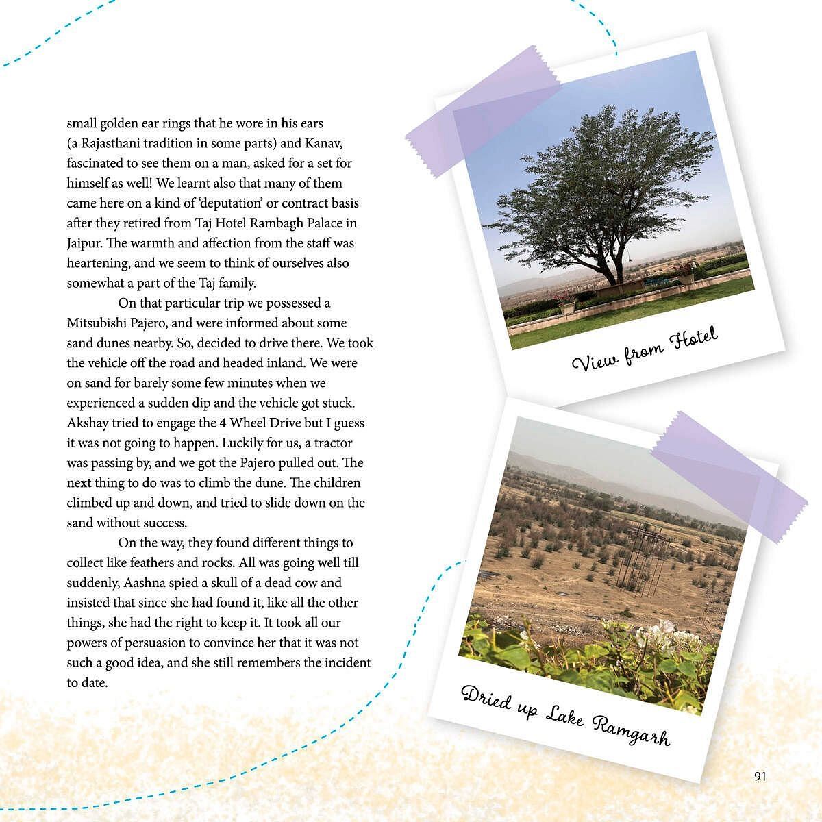 Image shows a page of text describing a family trip, including a vehicle getting stuck in sand dunes, and photos of a dried up lake and a view from a hostel.