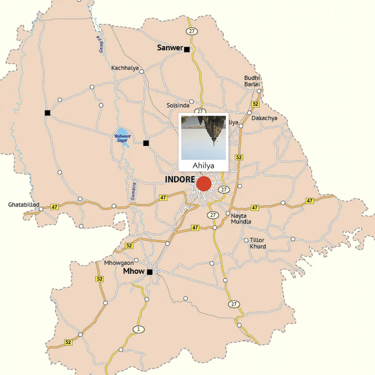 Map highlighting Indore, Madhya Pradesh with a marker for Ahilya, including nearby towns, highways, and the Yeshwant Sagar lake.