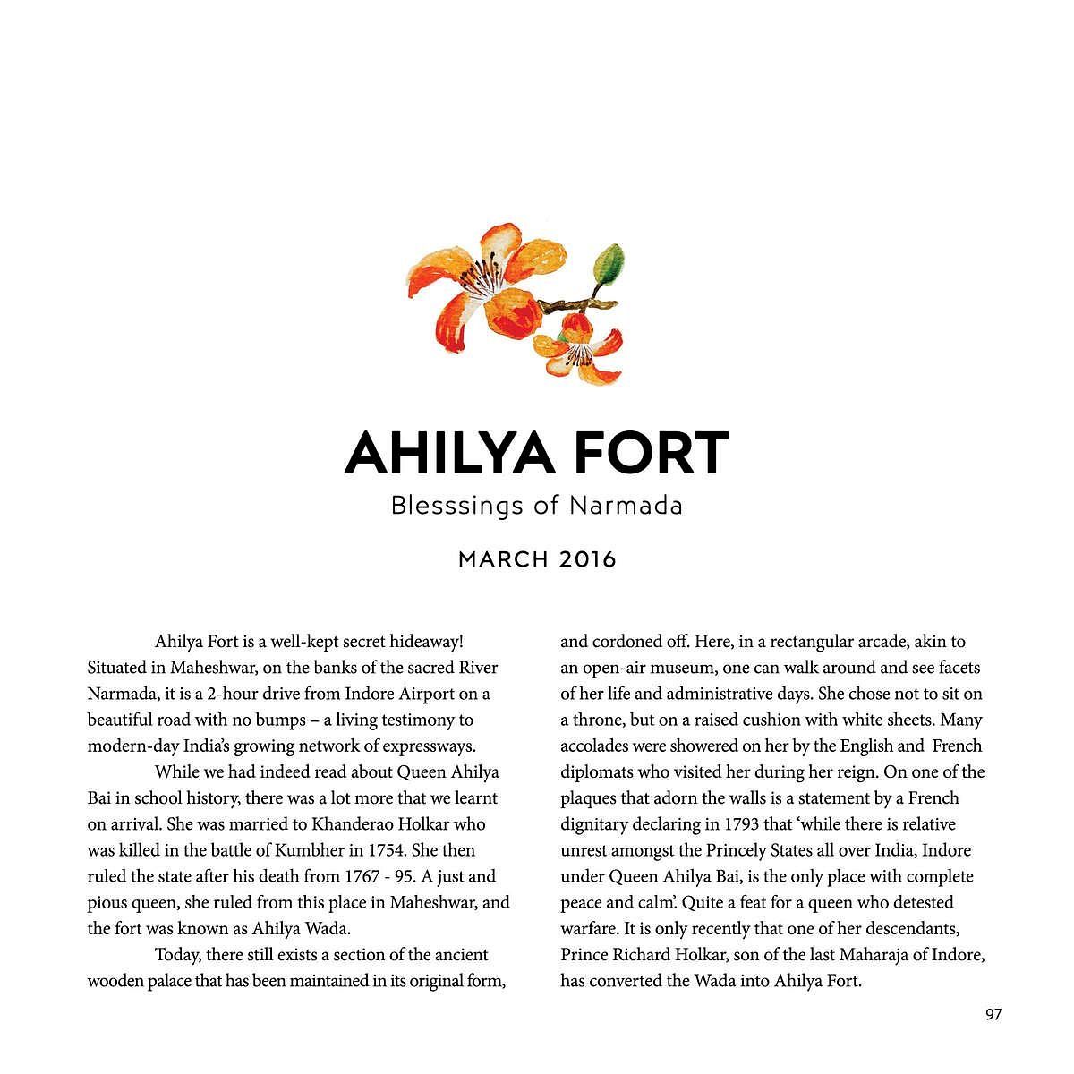 Title page of a travel journal entry on Ahilya Fort in Maheshwar, Madhya Pradesh, with floral illustration and text about its history.