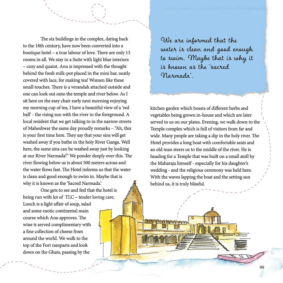 Illustration of a riverside fort with boats on the water, reflecting the serene and sacred ambiance of the Narmada River in Maheshwar.