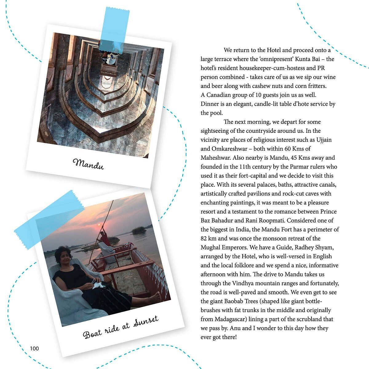 Photos of Mandu’s historic pavilions and a serene sunset boat ride during a sightseeing tour from Maheshwar.