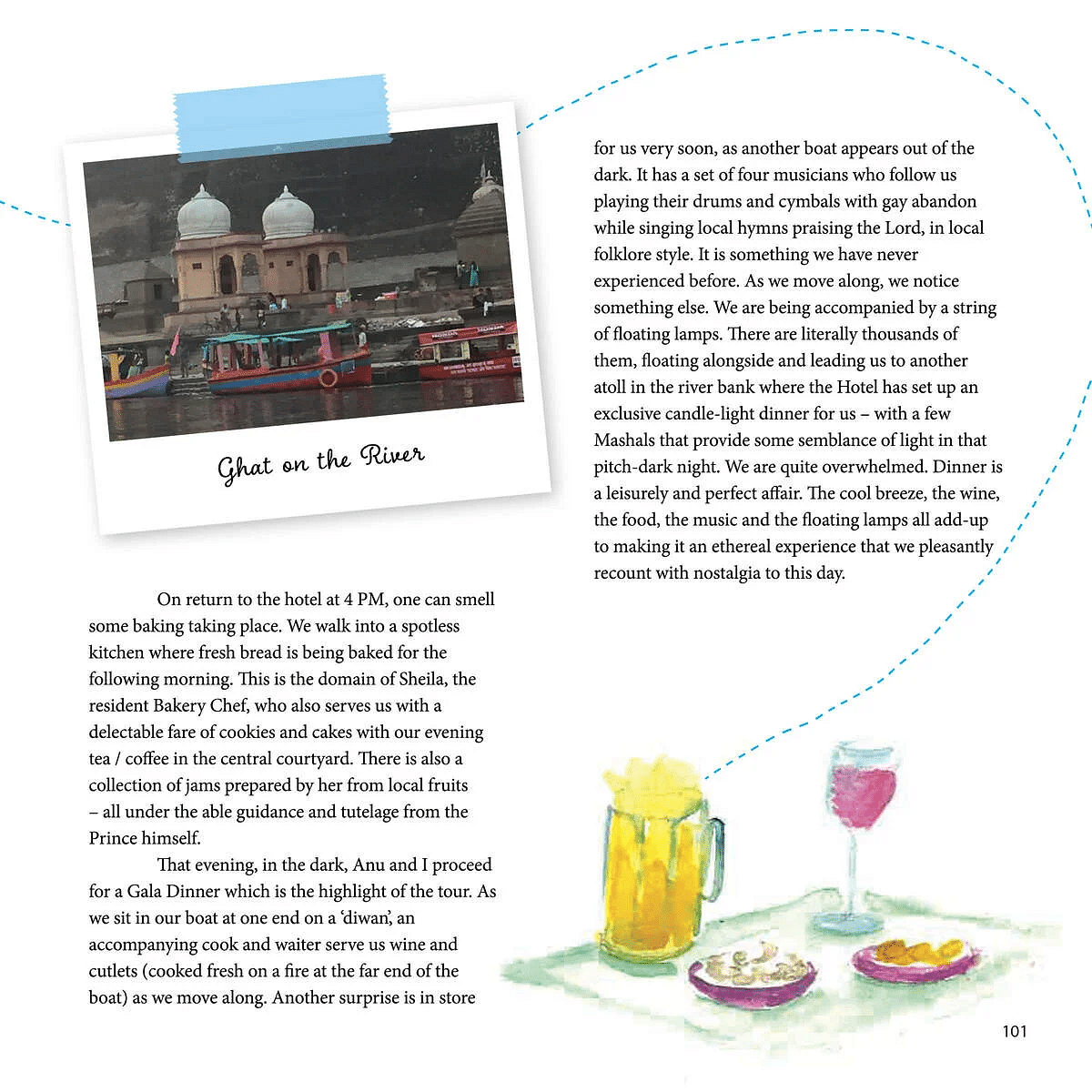 A riverside dinner at Maheshwar with floating lamps and folk music, text describes the gala, hotel chef, and nostalgic candlelit evening.