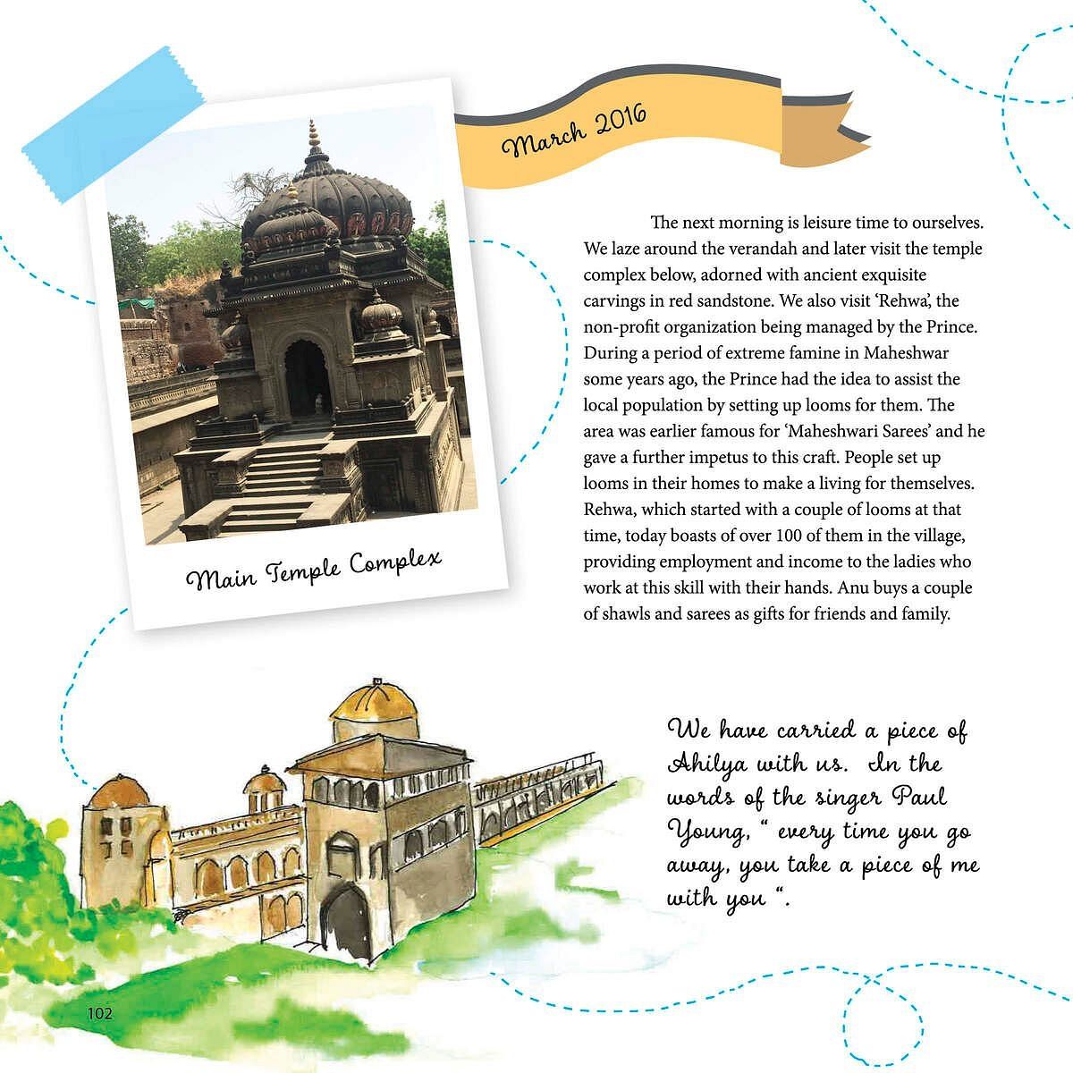 An ancient temple in Maheshwar and a watercolor of Ahilya Fort reflect the area's heritage and revival of local weaving traditions.