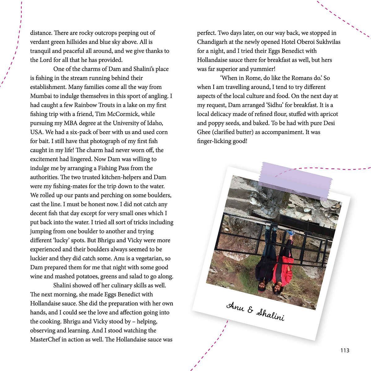 Polaroid style photo labelled Anu & Shalini showing two women standing on a wooden bridge over rocky terrain, part of a travel story page.