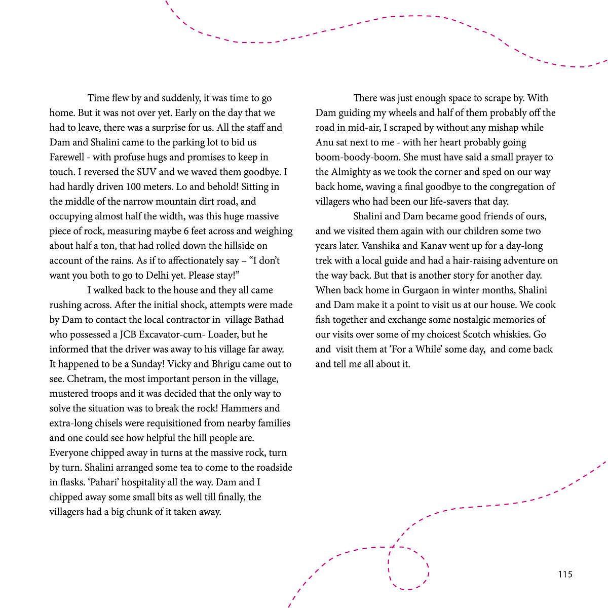 Text page from a travel memoir describing a farewell, a blocked road due to a rockfall, and local villagers helping clear the way in a mountain village.