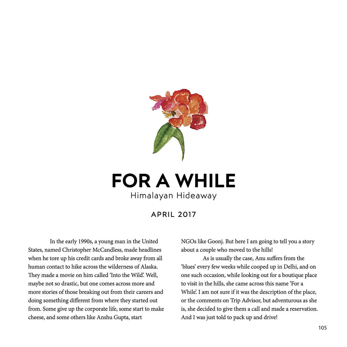 A watercolor flower illustration above the title For A While Himalayan Hideaway, introducing a travel story from April 2017.
