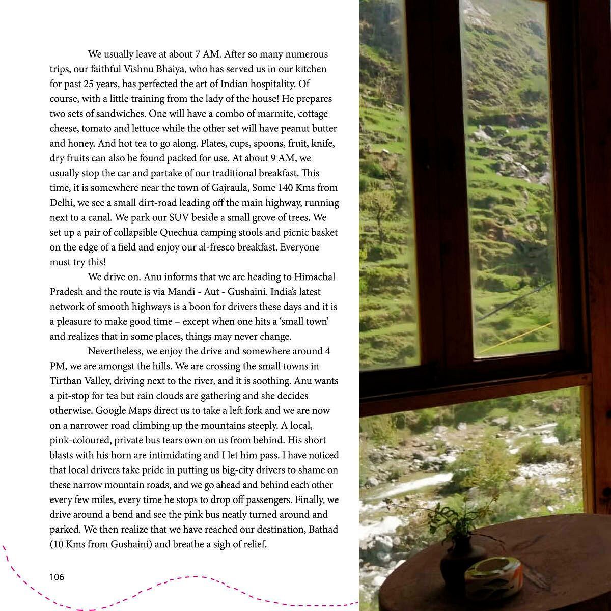 A scenic view of a lush green valley and stream through a wooden window, with a cup placed on the windowsill.