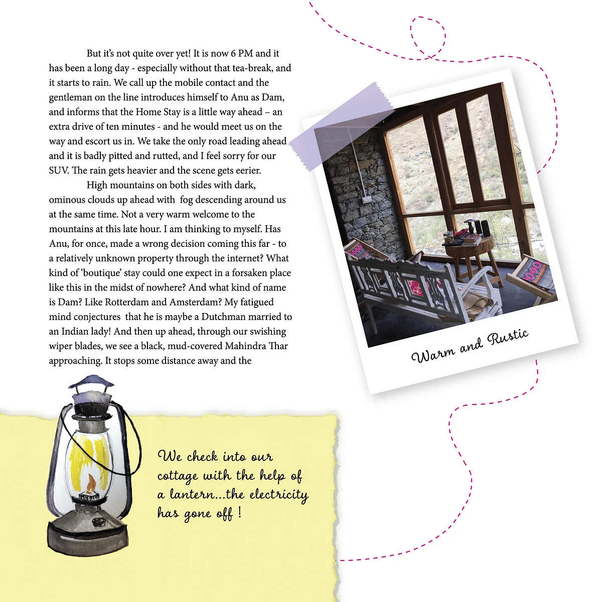 A cozy wooden interior with a chair, table, and newspapers by a large window overlooking a mountain slope, labelled Warm and Rustic in a travel journal layout.