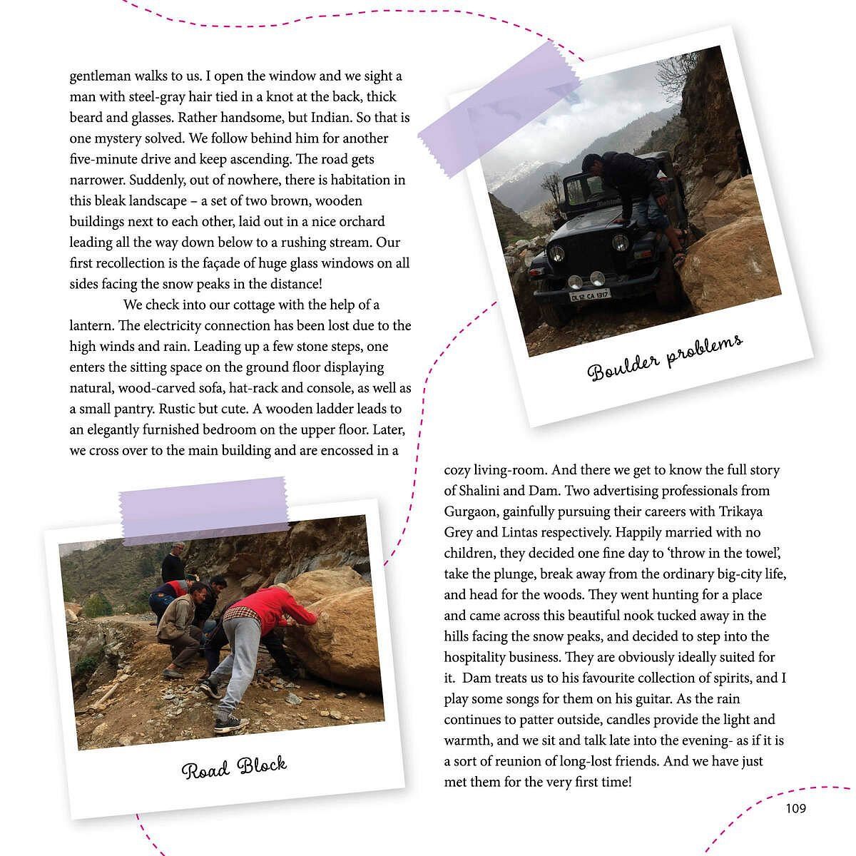 Navigating mountain roads blocked by rocks as travellers clear boulders and face road challenges near a remote hillside cottage.