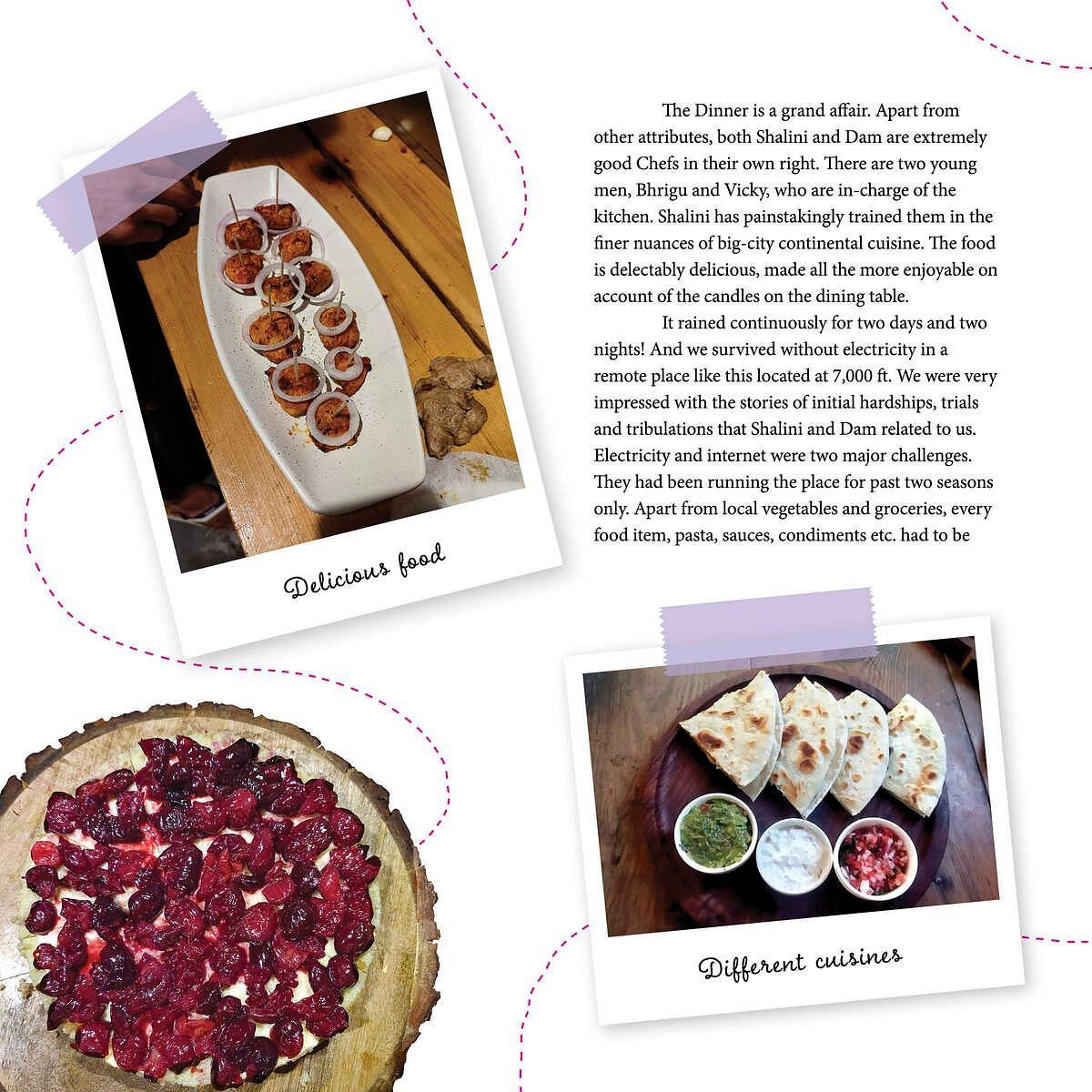 Three food photos on a travel journal page  labelled Delicious food, Indian breads with chutneys labelled Different cuisines, and a berry dessert on a wooden platter.