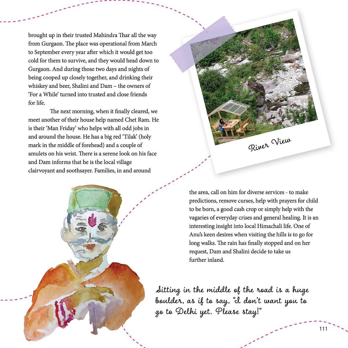 A small wooden seating area labelled River View beside a rocky stream surrounded by lush greenery, featured on a travel journal page with text and illustrations.