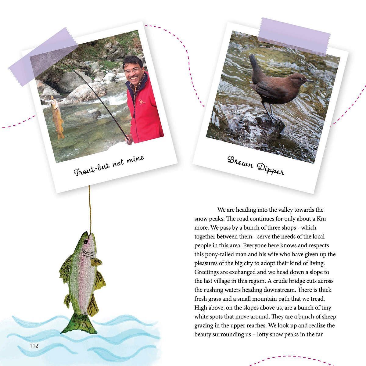 Photo of a man holding a fishing rod beside a stream and a close-up of a brown dipper bird standing on a rock in the water, with a travel story below.