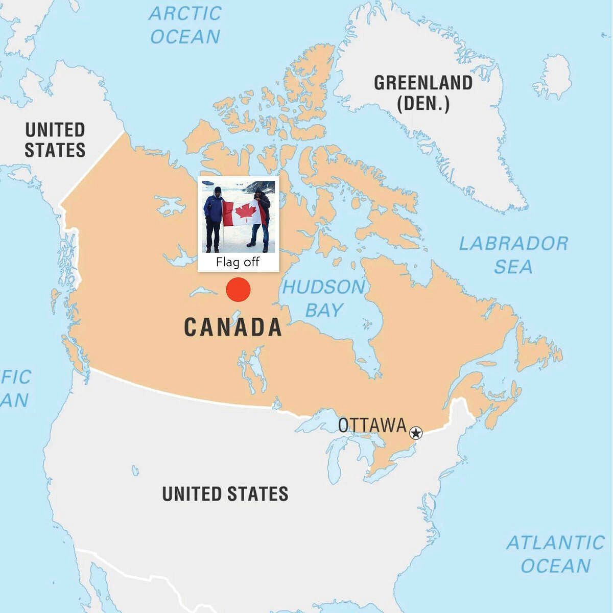 Map showing Canada and parts of the US, highlighting a travel route, from a guide featured at Karma Chalets.