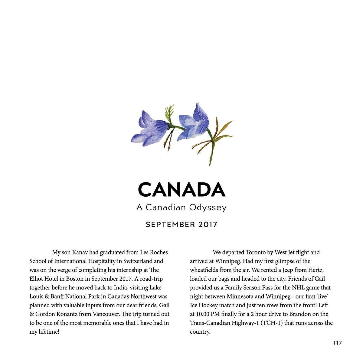 Page titled Canada A Canadian Odyssey with a flower and travel narrative about a family trip through Canada.
