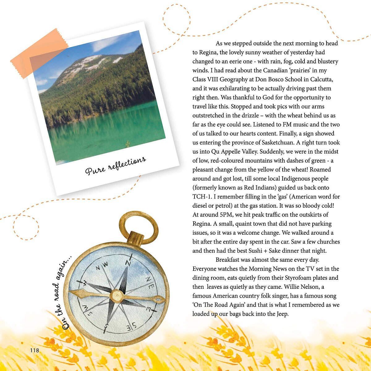 Magazine page featuring a mountain photo, compass illustration, and travel write-up, part of the content at Karma Chalets.