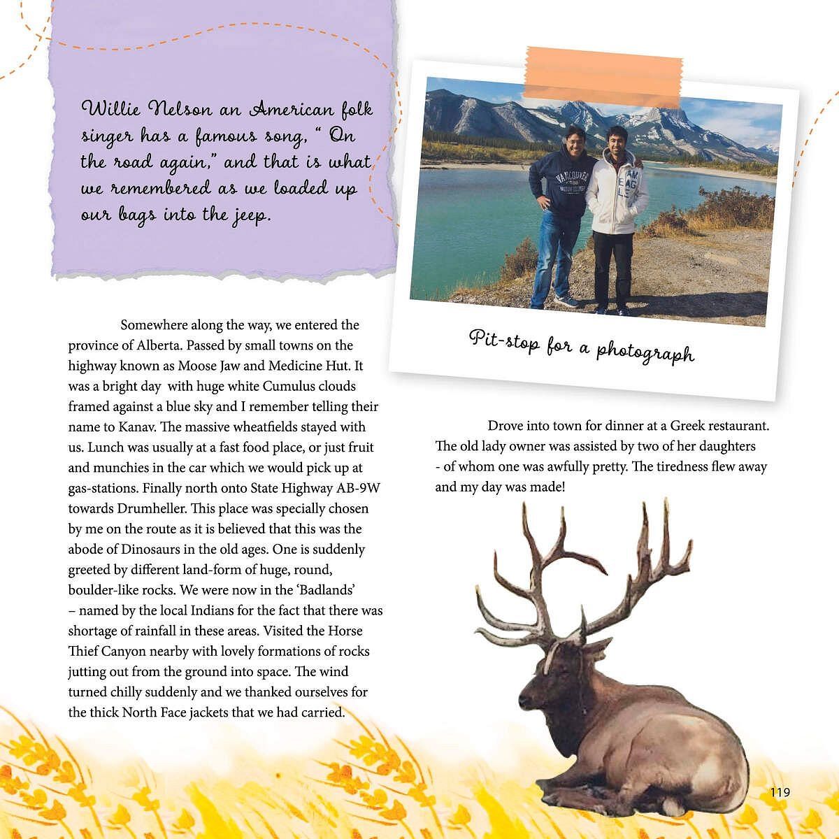 Travel article with an image of two people and a moose graphic, part of the magazine collection at Karma Chalets.