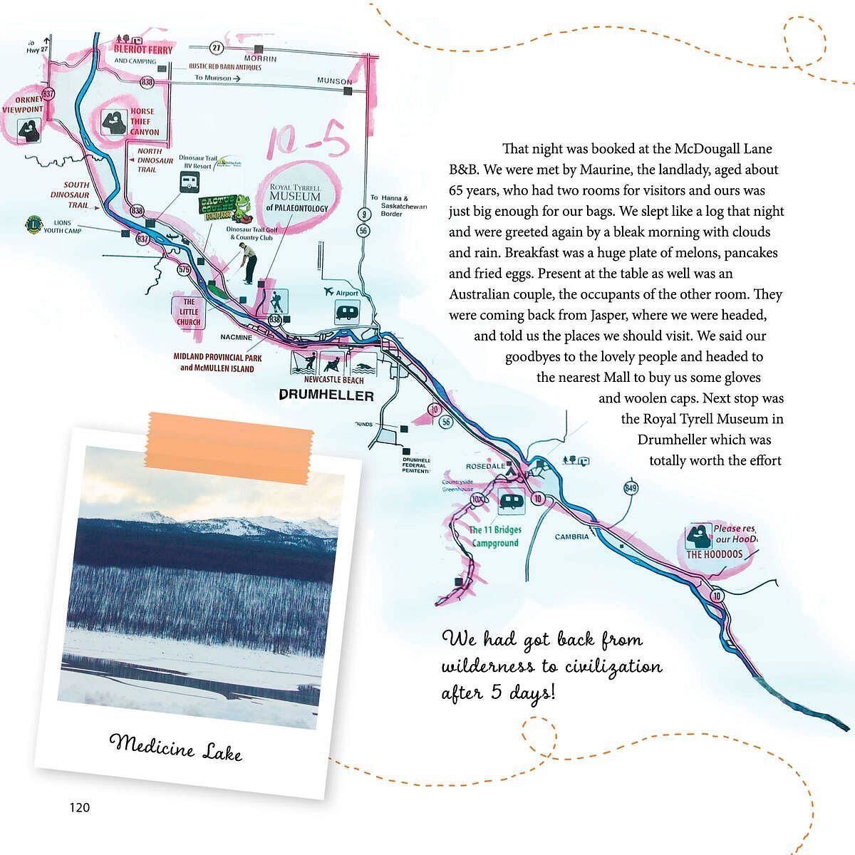 Illustrated map with route details and landscape images from a Canadian travel guide, available at Karma Chalets.