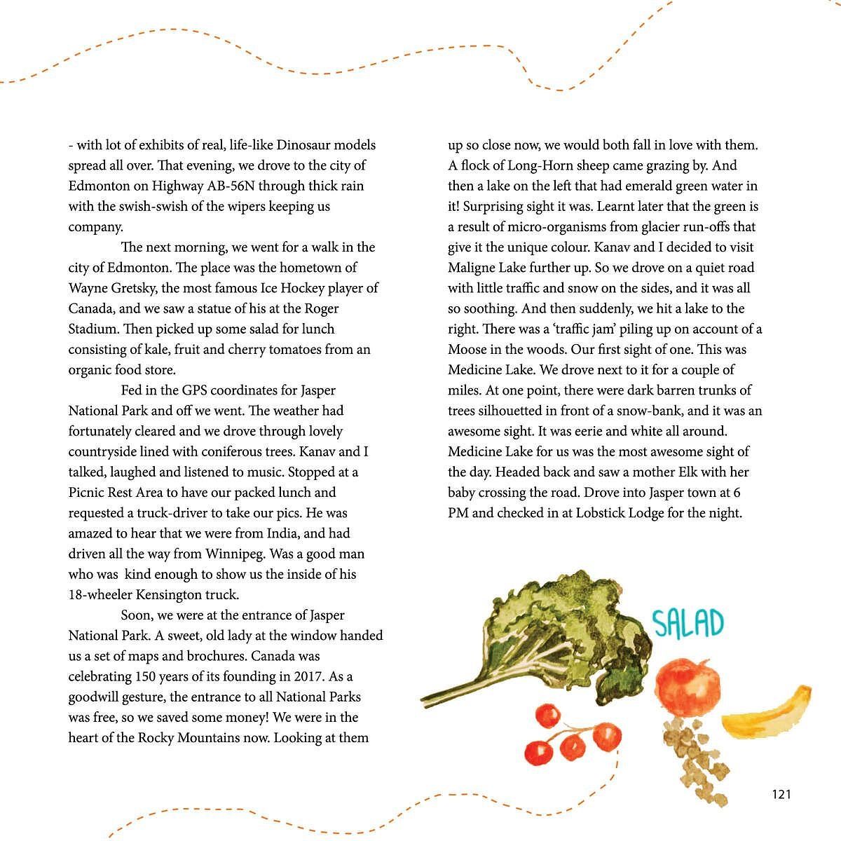 Two-page spread with text and illustrated food items, from a magazine displayed at Karma Chalets.