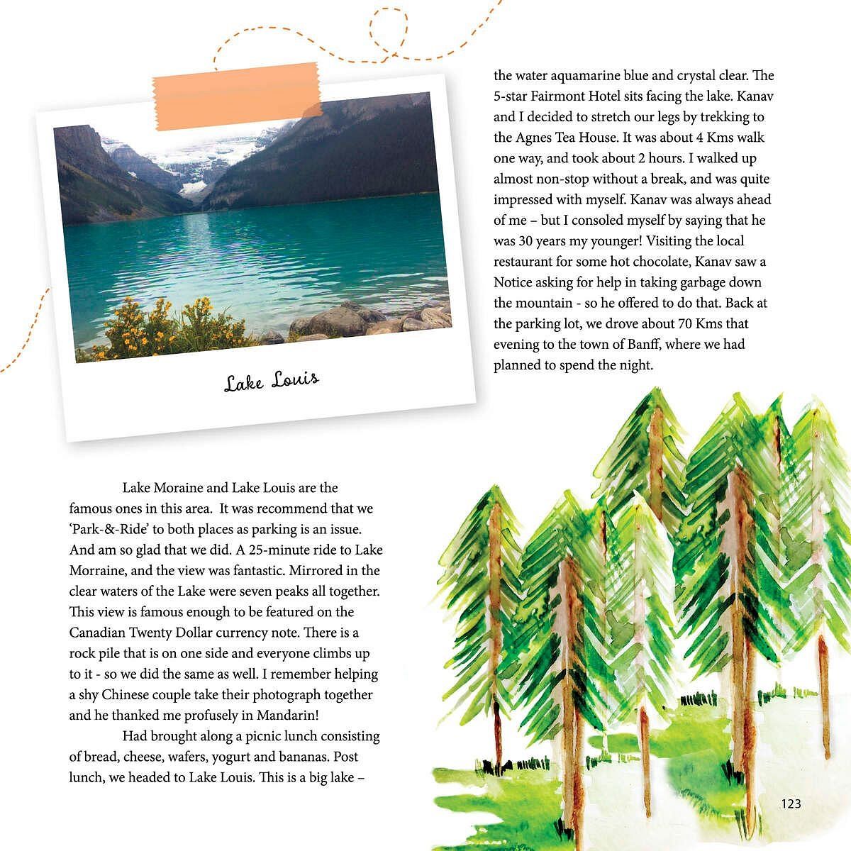 Page featuring a lake photo and tree illustrations from a travel story, part of the collection at Karma Chalets.