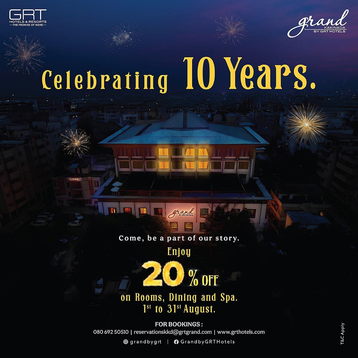 Grand Kakinada by GRT celebrates 10 years with fireworks and 20% off on rooms, dining, and spa; valid from August 1 to 31.