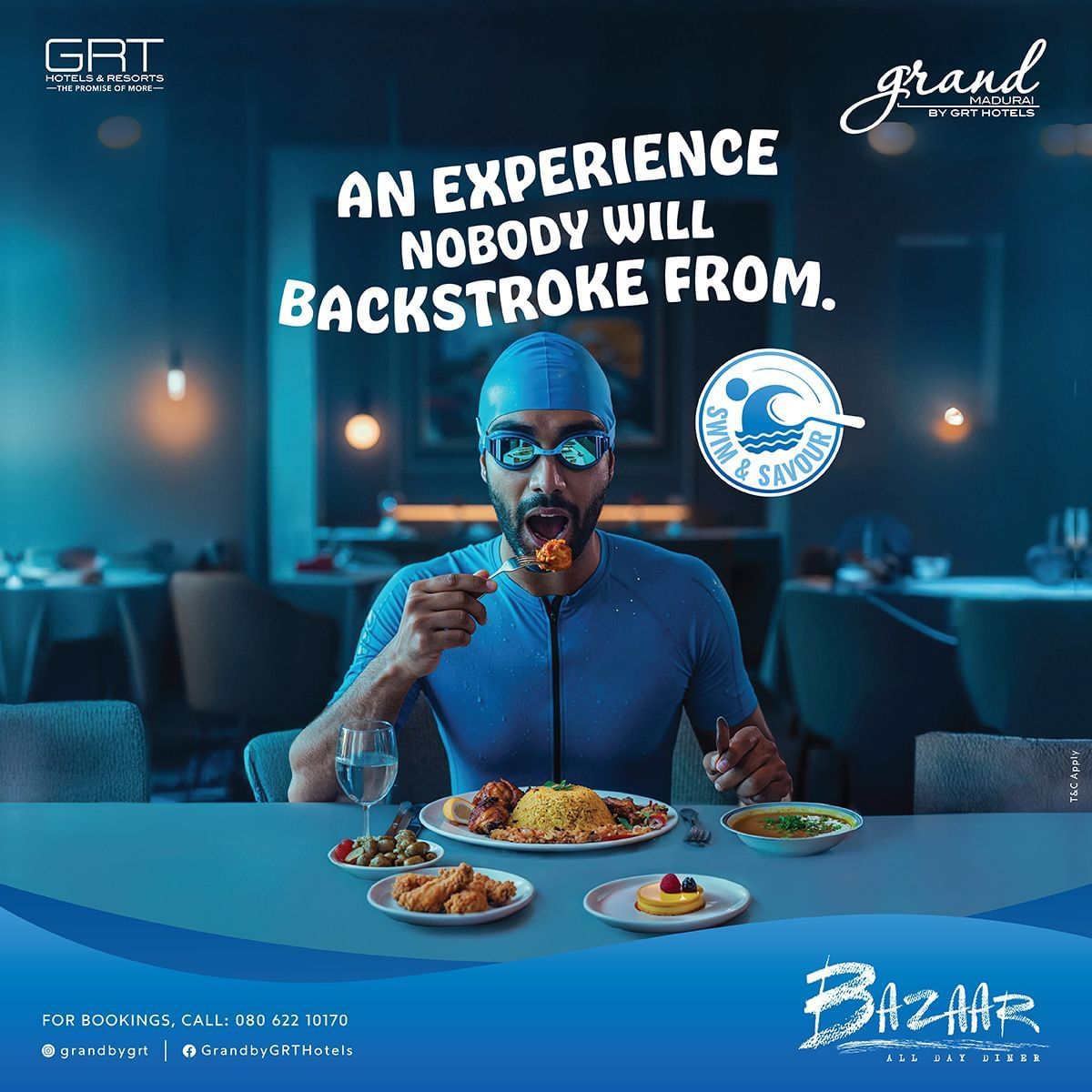 Creative featuring Swim & Savour at Grand Madurai with visuals of a pool and dining theme highlighting swim and dine experience.