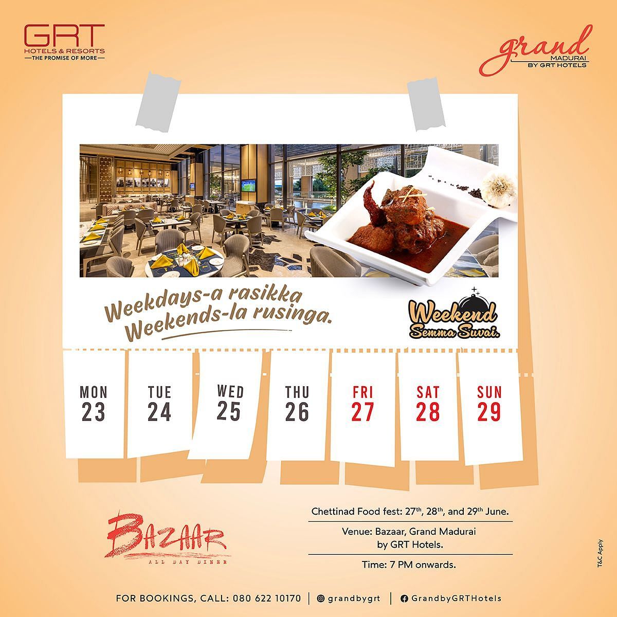 Chettinad Food Festival banner featuring traditional South Indian dishes, event dates 27th to 29th June at Bazaar, Grand Madurai by GRT Hotels