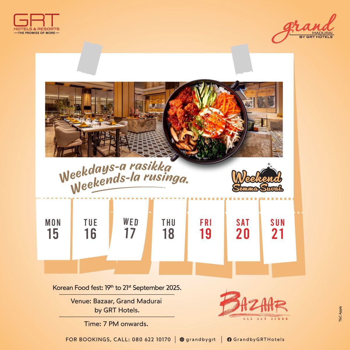 Korean Food Feast at Grand Madurai at the Bazaar Restaurant from 7 PM onwards. It features a calendar with an image of a restaurant and a bowl of korean food and dates 19th, 20th, and 21st September 2025.